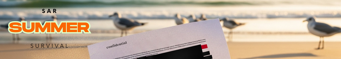 A "confidential" document with redacted sections is half-buried in the sand on a beach at sunset. The ocean and several seagulls are in the background. Overlayed text reads "SAR SUMMER SURVIVAL".